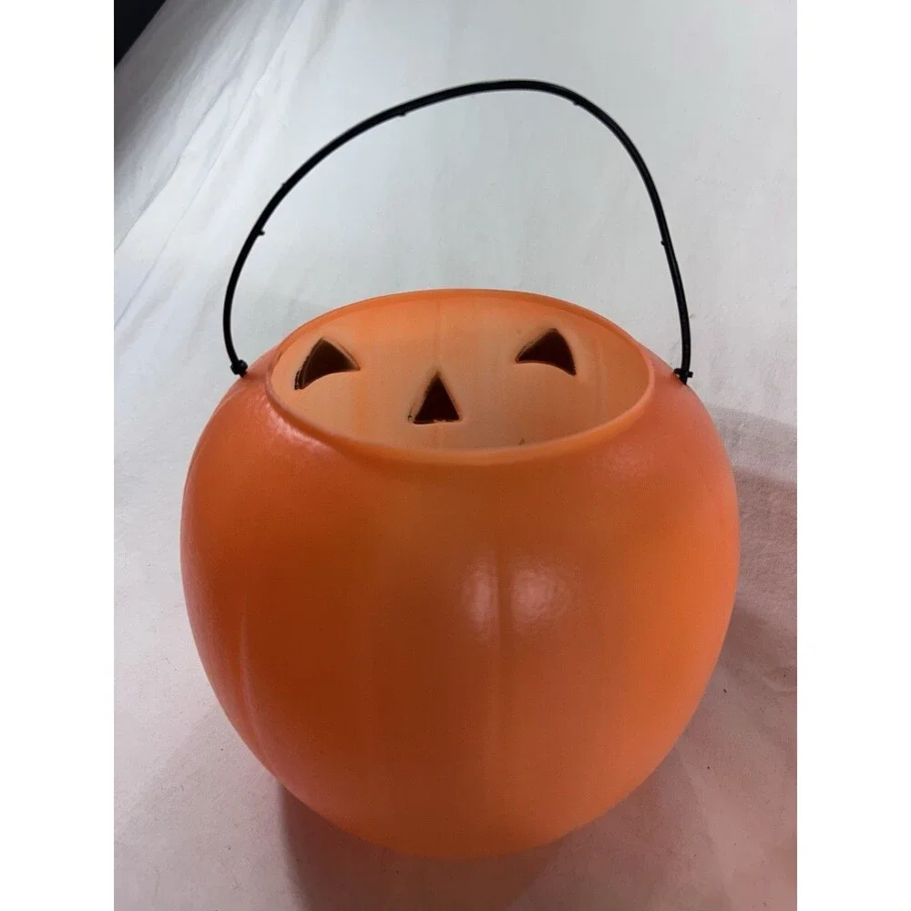 Orange Pumpkin Blow Mold Pail Bucket Handle Halloween Trick or Treat Candy